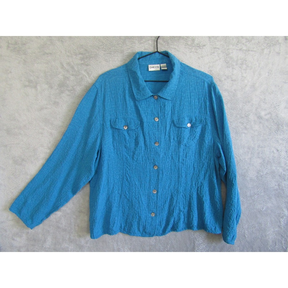 Chicos Blue 100% Silk Geometric Textured Button Down Shirt Size XL Artsy Boho